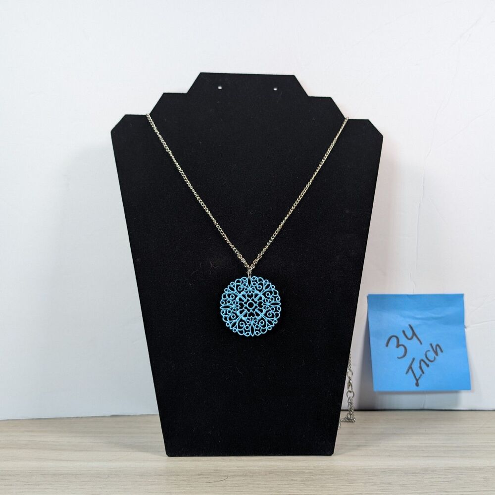 Blue Filigree Medallion Pendant Necklace Silver Tone 34 Inch Chain